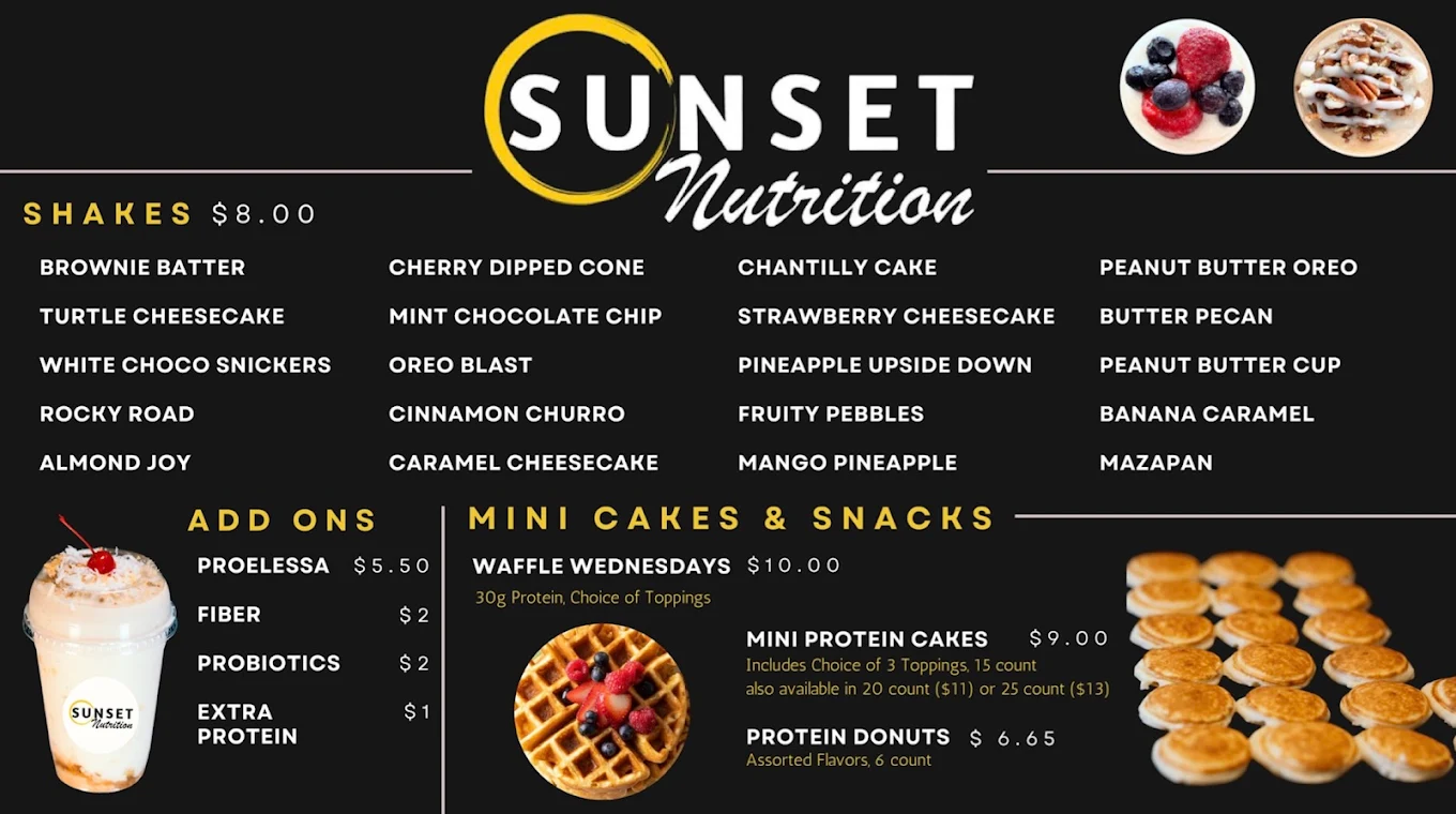 Sunset Nutrition menu 1: shakes and snacks
